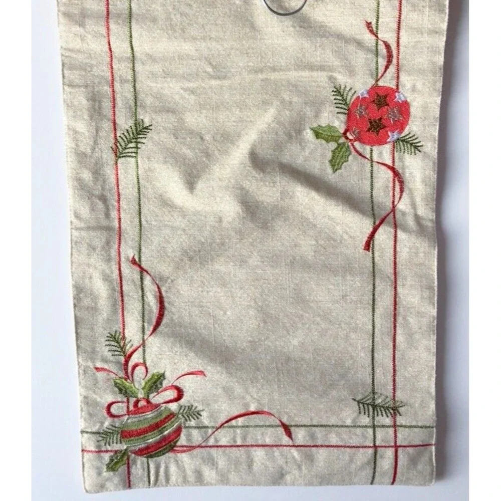 Christmas Embroidered Table Runner Ornament Holly Gold Red Green 72x14 Holiday